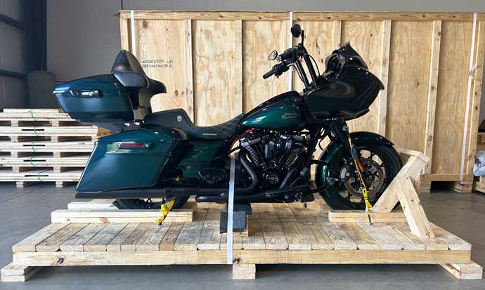 Motorcycle on a skid for shipping